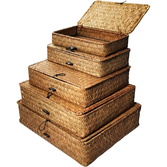5 Pcs Seagrass Basket with Lid 5 Sizes Decorative Storage Boxes Rattan Wicker Storage Basket with Lids Woven Organizer Baskets Multipurpose Flat Storage Bins for Shelf Closet Bedroom (Brown)