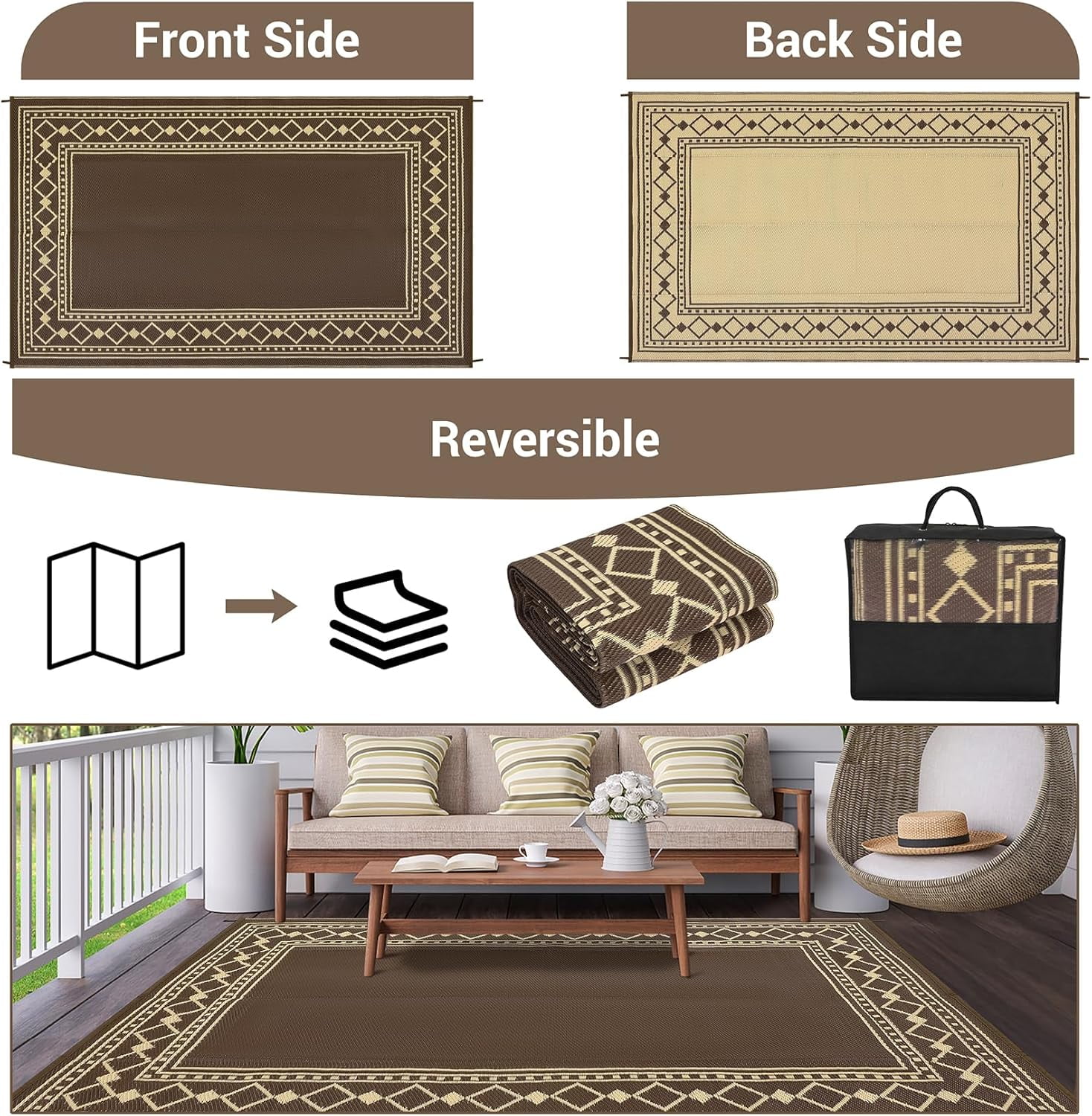 Funslane 9' x 18' Waterproof Outdoor Rug, Reversible Plastic Straw Patio Mat, Easy to Clean & Portable, for Deck, RV, Camping & Balcony, Brown/Coffee