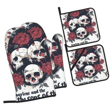 

Haiem Gothic Skulls And Roses Print Extra Long Oven Mitts and Pot Holders 4pc Sets: Heat Resistant Silicone Oven Mittens with Mini Oven Gloves and Hot Pads Potholders