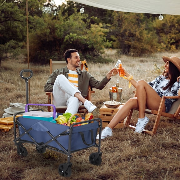 Heavy Duty Folding Garden Cart, 220lbs Capacity Beach Wagon with 600D Oxford Fabric & Steel Frame, Collapsible Utility Cart for Gardening, Groceries, Outdoor Activities (Blue/Silver)