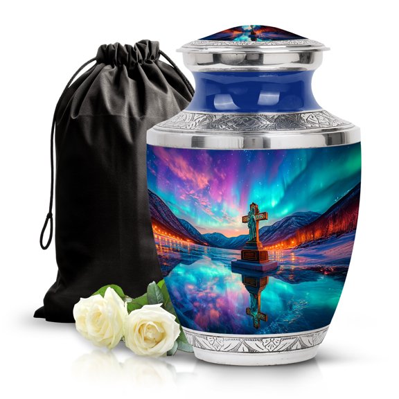 SABURIAL Cross Urn - Decorative Urn Ash - 10 Inch - Large With Velvet Bag - Adult Large Urns For Male & Female - Human Remains Urns - Ash Burials For Human Ashes