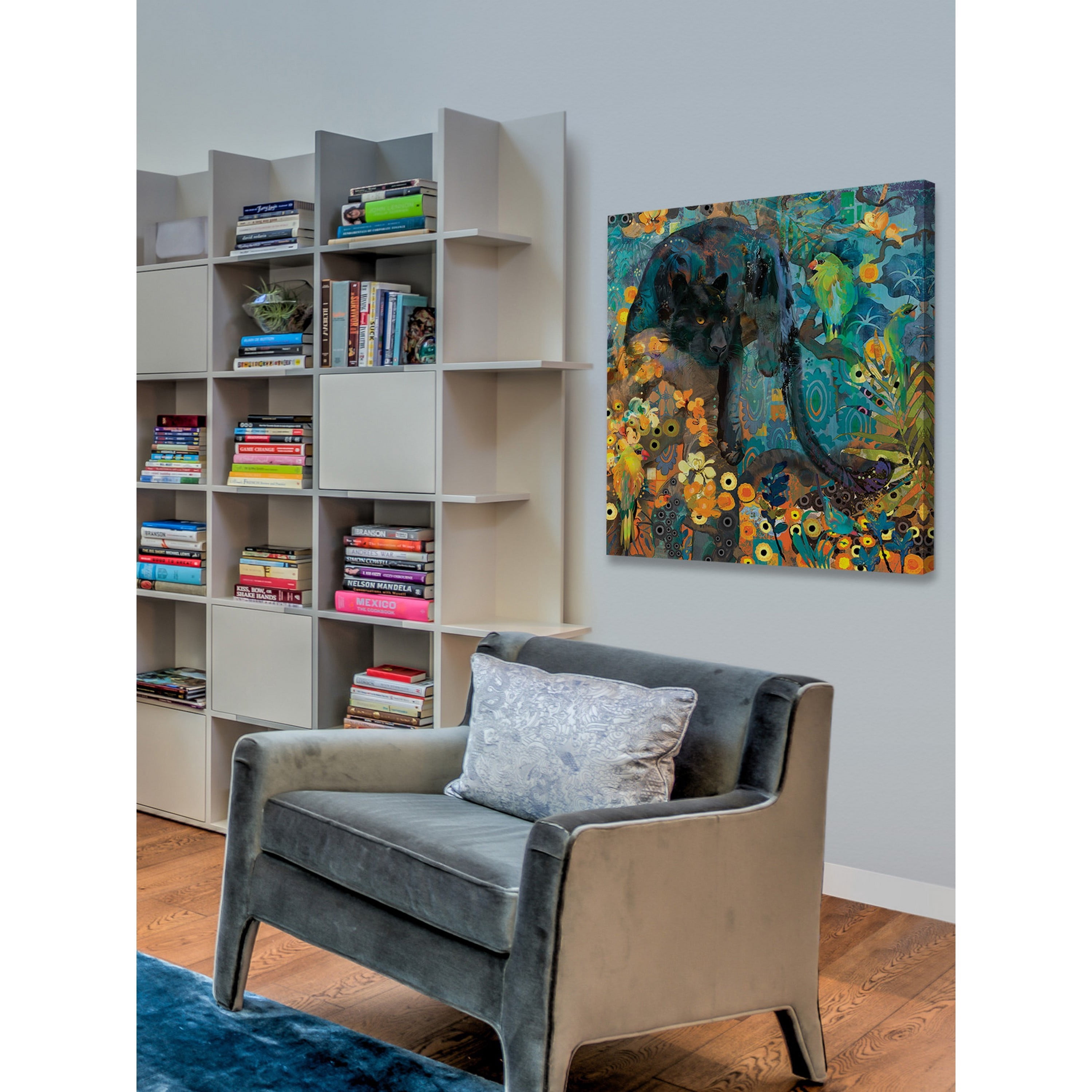 "Jaguar and Green Parrots" Painting Print on Wrapped Canvas