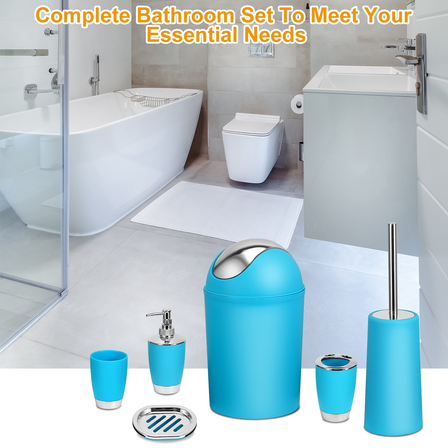 LKKL Bathroom Accessory Set, 7 Pcs Silver Bathroom Accessories Set with  Trash Can, Soap Dispenser, Toothbrush Holder, Qtip Holder, Soap Dish,  Bathroom