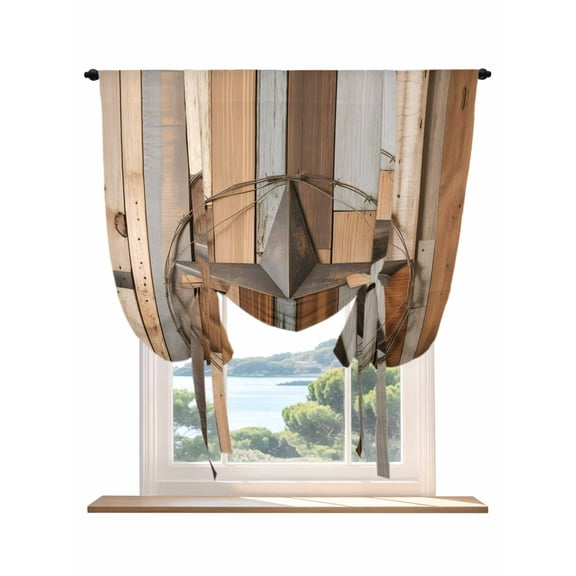 Country Star Brown Tie Up Curtains for Windows 45 Inch Length Balloon Curtains Kitchen Adjustable Balloon Window Shade Western Texas Vintage Farmhouse Wooden Tie Up Bathroom Curtain Window 52"x45"