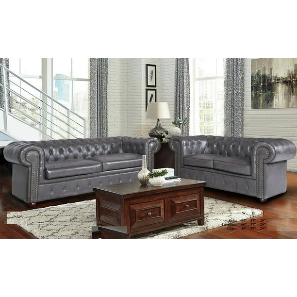Formal Luxurious Living Room Furniture Gray 2pc Sofa Set Sofa And Loveseat Tufted Cushion Back Rolled Arms Nailhead Leather Air Walmart Com Walmart Com