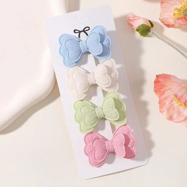 Juego de pinzas para el pelo de color caramelo para niñas, lazo de doble capa, lindo flequillo, pasador de algodón seguro, accesorios para el cabello para bebés, 4 unids/set