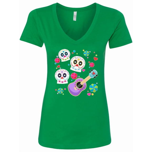 Inktastic Day of the Dead Owl Sugar Skulls and Guitar Women's V-Neck T-Shirt