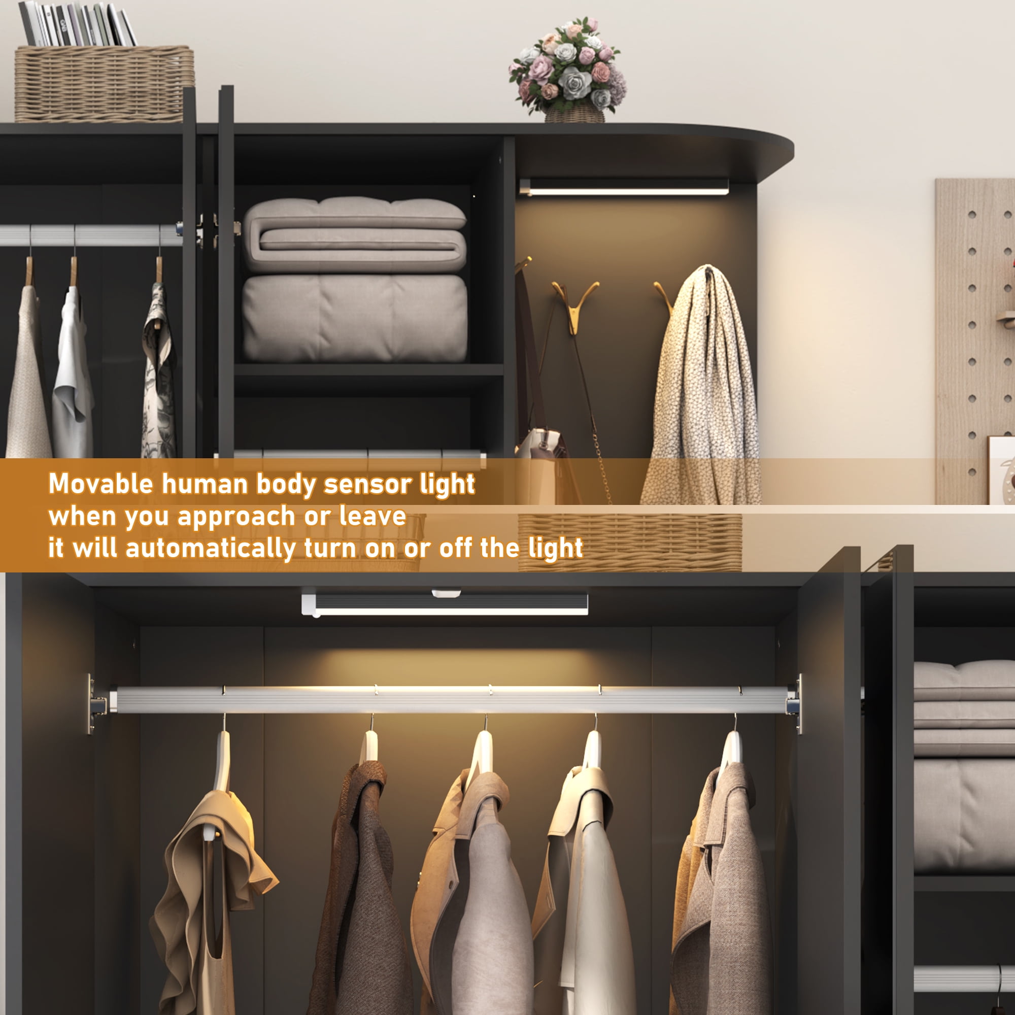Blotout 3 Door Armoire Wardrobe Closet with Mirror & Sensor Lights, 70'' Large Wardrobe Armoire with 2 Drawers & Shelves, Modern Wooden Armoire Storage with Hanging Rod for Bedroom, Black
