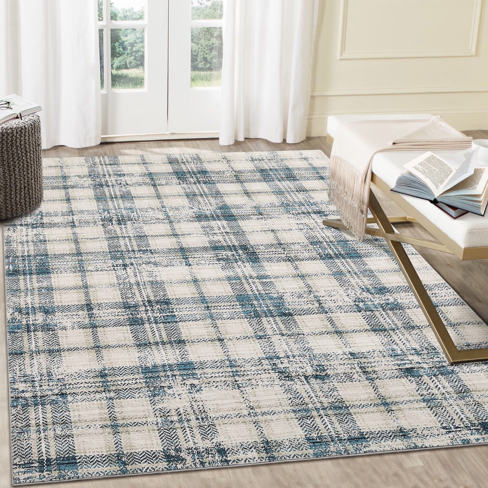 HOMERRY Indoor Washable 4' x 6' Area Rug Plaid Geometric Rug for Living Room, Blue/Beige