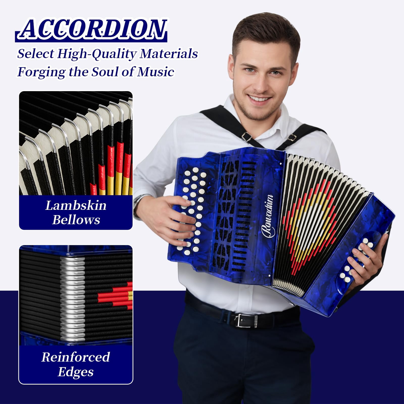 Rowadtim Accordion - 31 Keys, 12 Bass Professional Diatonic, Premium Portable Button Accordion for Adults & Beginners with Thick Protective Case (Blue)