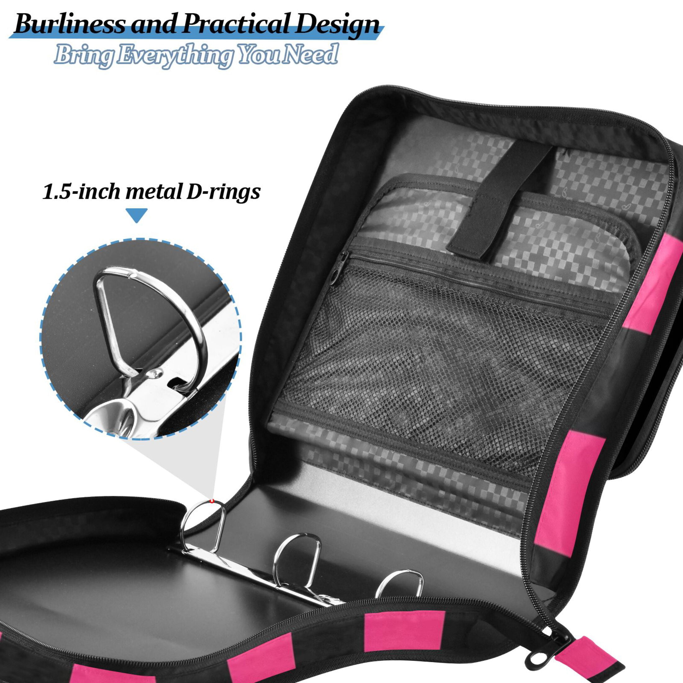 ALAZA Zipper Binder Pink and Black Stripe Pattern 3 Ring Trapper Keeper File Folder Organizer Bag