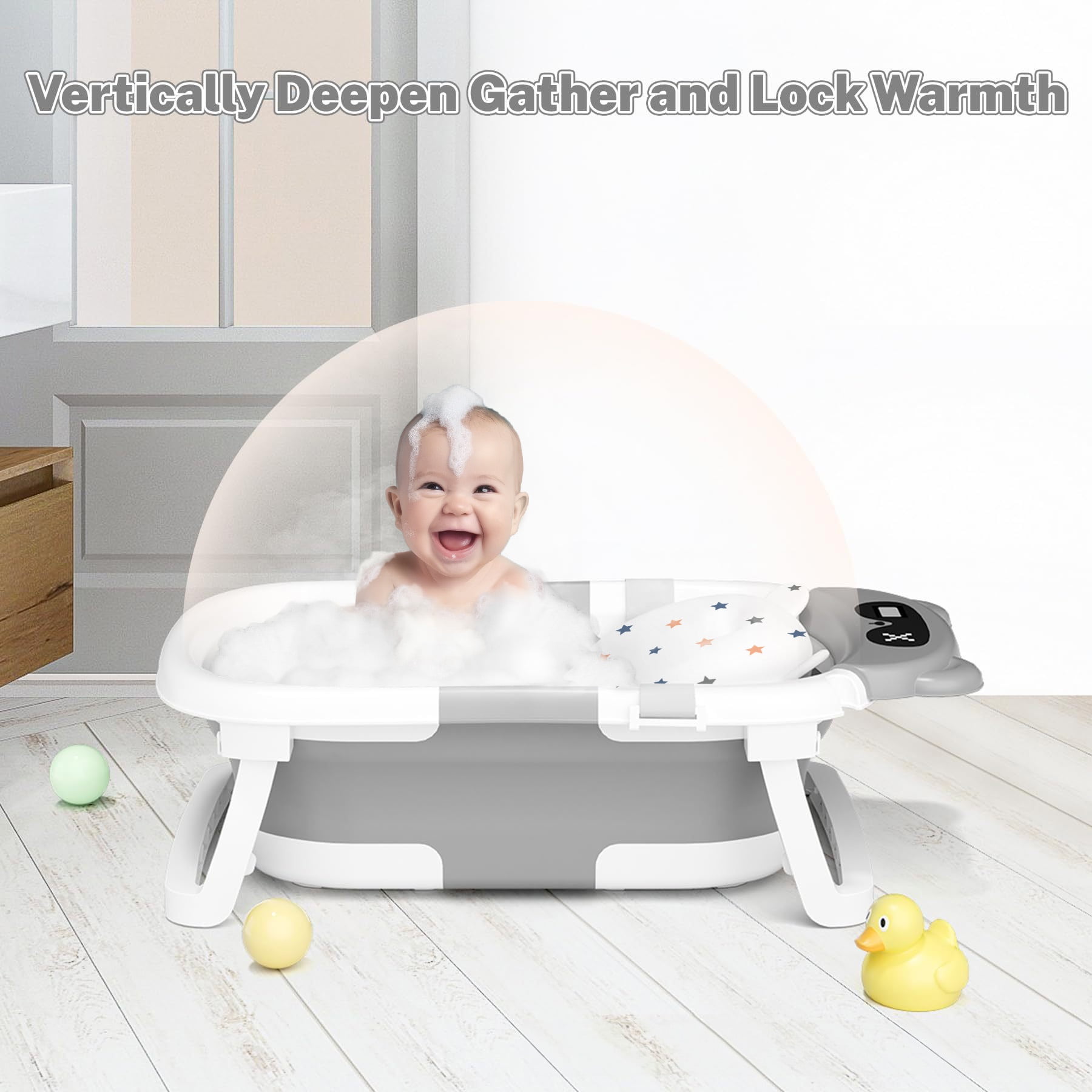 Babyomi Baby Bathtub with Durable Bath Tub and Cute Bear Thermometer, Soft Detachable Cushion No-Slip Hanging and Shower Hat, Foldable Bathtub for Newborn to Toddler, Grey