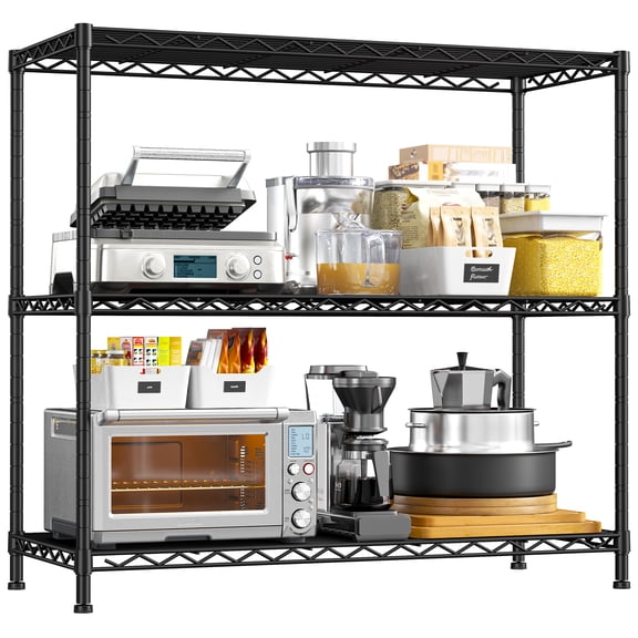 3-Tier Wire Shelving Unit,35.6" W Adjustable Metal Storage Rack,Steel Storage Shelves for Kitchen,Pantry,Laundry Room,Closet & Garage Organization,Black