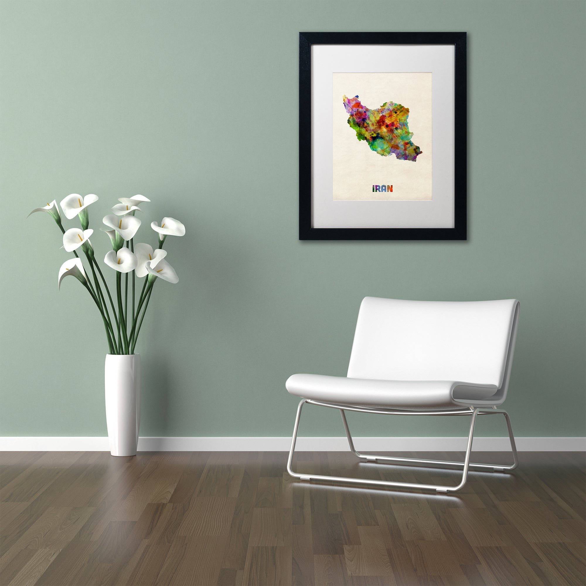 Trademark Fine Art ''Iran Watercolor Map'' by Michael Tompsett 16" x 20" White Matted Black Frame (MT0507-B1620MF)