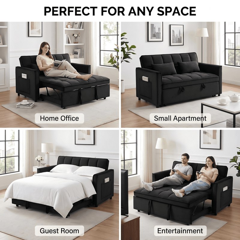 Gewnee 55" Sofa Bed, Convertible Sleeper Sofa & Pull Out Couch, 3-in-1 Velvet Loveseat with Adjustable Backrest and Storage Pocket, Black