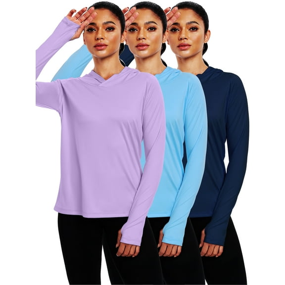NELEUS Womens UPF 50  Workout Long Sleeve Shirt Sun Protection Breathable Hooded with Thumb Holes,Navy Blue Blue Purple,US Size L