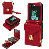 for Samsung Galaxy Z Flip 5 Case Wallet with Shoulder Strap for Women - Crossbody Lanyard,Zipper Pocket,Credit Card Holder,Shockproof - Metal Buckle Closure Premium PU Leather Case, Red
