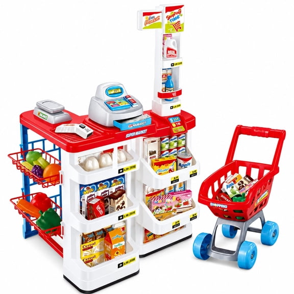 Mundo Toys Kids Supermarket Playset with Shopping Cart, Light & Sound Scanner, 24 Accessories