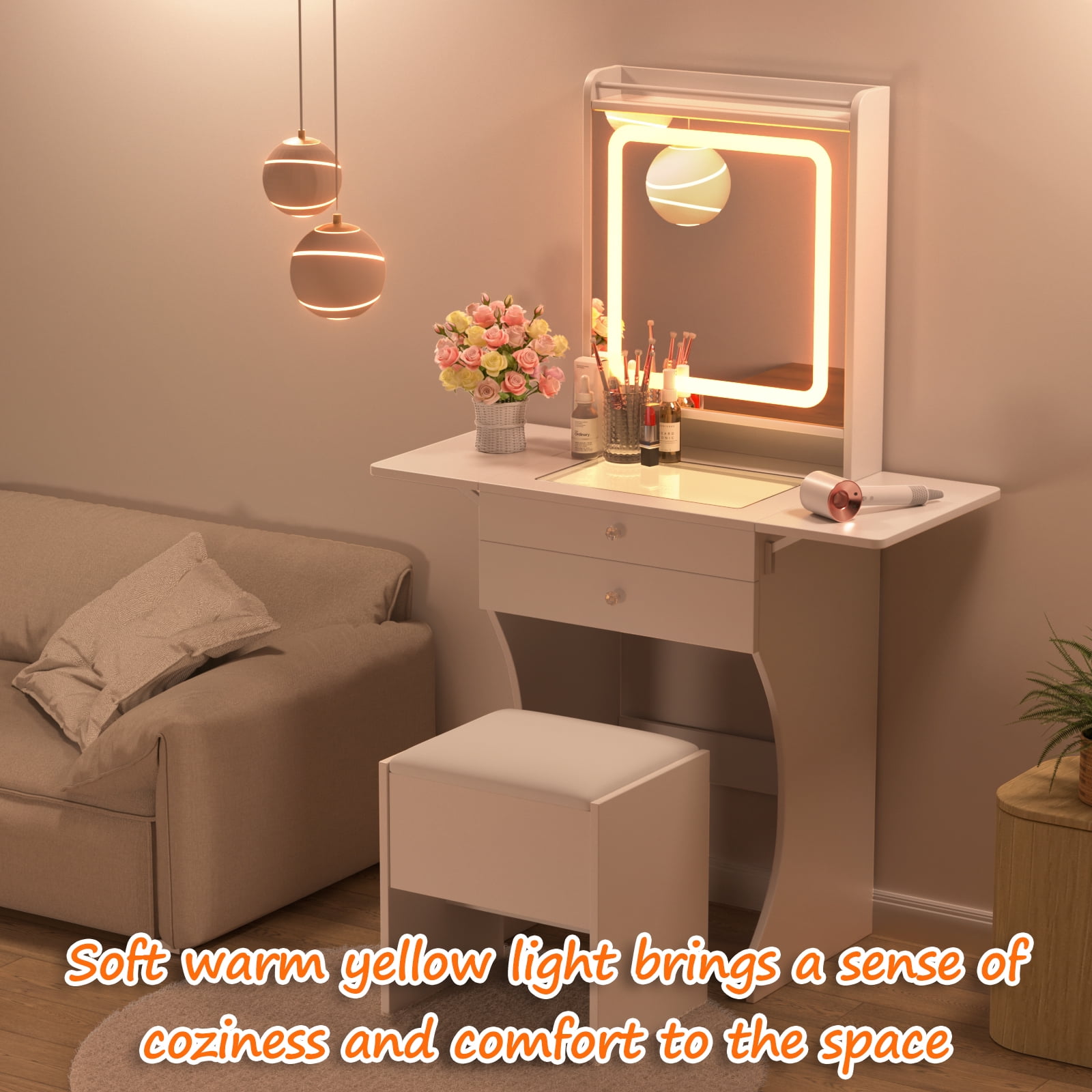Mintazer Compact Vanity Desk with LED Mirror & Foldable Side Tables, Makeup Vanity Set with Tempered Glass Top & 2 Drawers and Stool, White