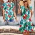 thumbnail image 2 of Uorisanigo Hibiscus Matching Couple Outfits Hawaiian Flower Husban and Wife Clothing Men's Short Sleeve Beach Shirt Size S and Midi Dress V-neck Hawaiian Dresses with Pocket, 2 of 7