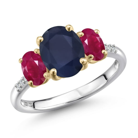 Gem Stone King 925 Silver and 10K Yellow Gold Blue Sapphire and Red Ruby and Lab Grown Diamond Engagement Ring for Women | 3.46 Cttw | Oval 9X7MM | September Birthstone | Size 6