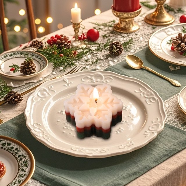 Vela aromática de invierno | Cera de soja hecha a mano Verde Naranja | Diseño navideño copo de nieve 5,5x2,5x5cm | Quemadura Prolongada | Caja de regalo para decoración festiva