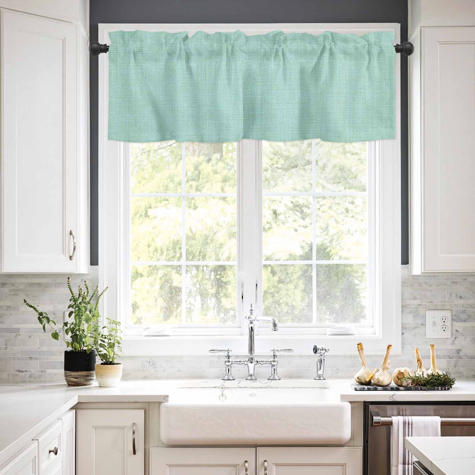 Mint Green Kitchen Curtains Valances and Tiers Solid Color Retro Linen Tier Curtains and Valance Rod Pocket Valance Curtains Set for Kitchen Bathroom Small Windows 27.5"W x 24"L, 3pcs