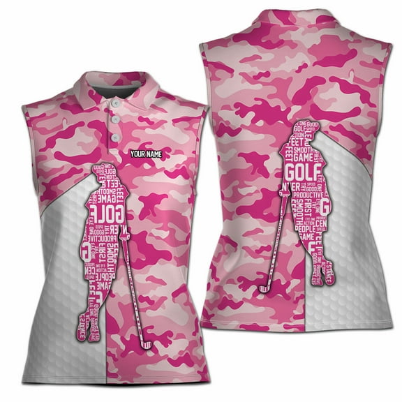 Custom Name Camouflage Pink Lady Golfer Silhouette Women Sleeveless Polo XS-4XL