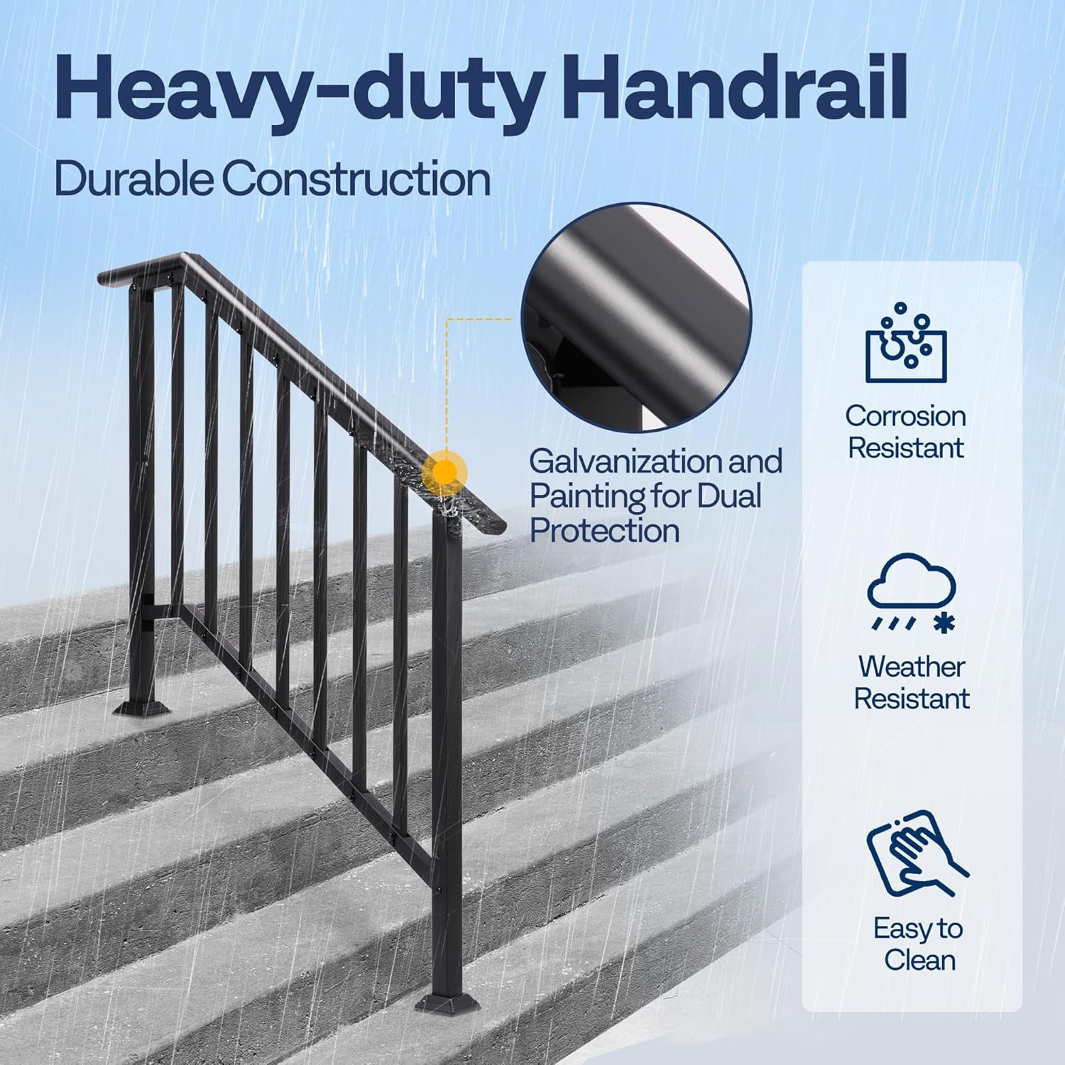 SPECSTAR 2-Pack Outdoor Handrails, 4-Step Galvanized Steel Hand Rails for Outdoor Steps – 27.1" Black Oval and Safety Balusters Exterior Railing Kit for Porch, Deck, or Indoor Stairs