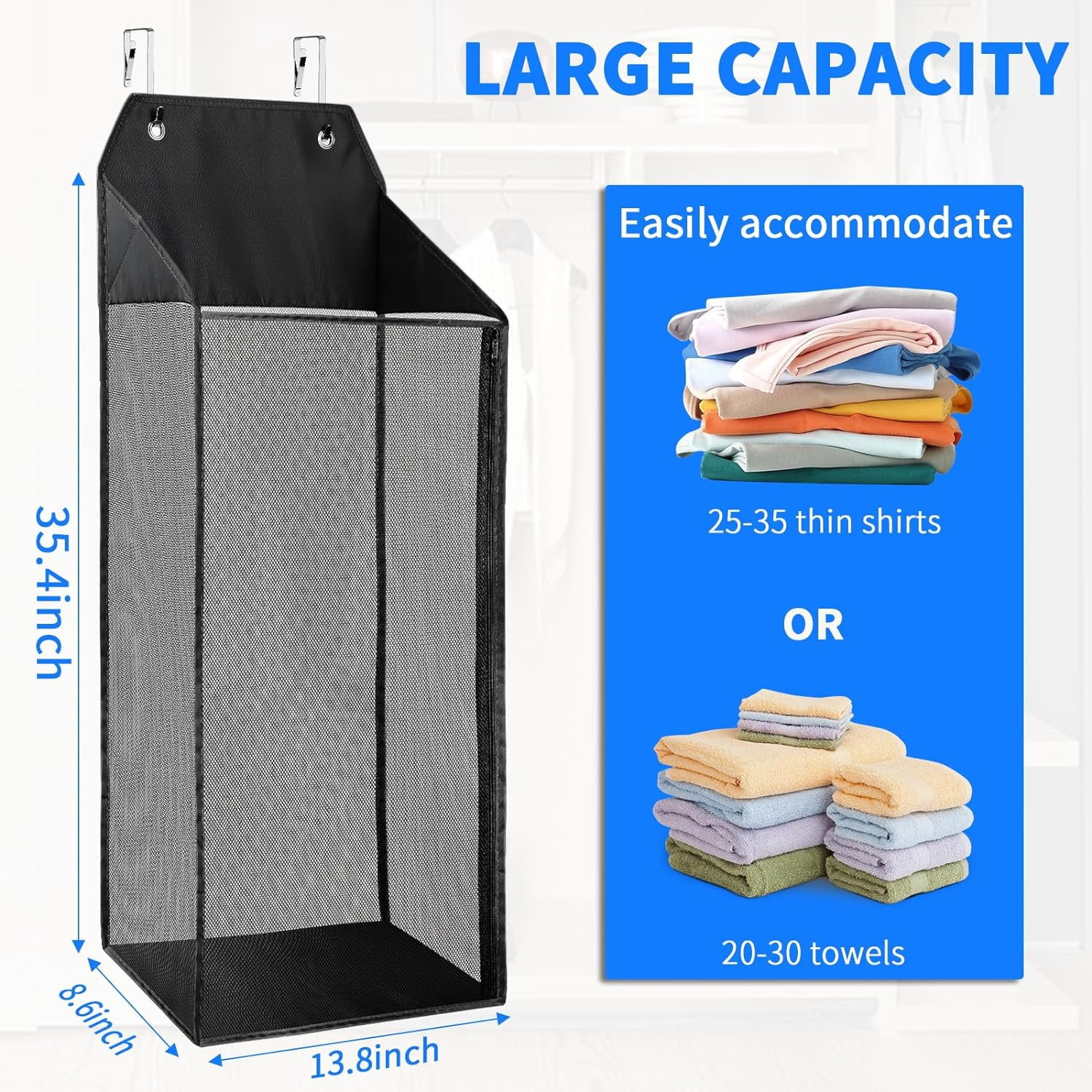 ABCISI 2 Packs Large Hanging Laundry Hamper with Hooks, Over the Door Mesh Hamper with Zipper for Dirty Clothes Organizer, Collapsible Wall Hanging Laundry Basket for Bathroom, Dormitory, Black