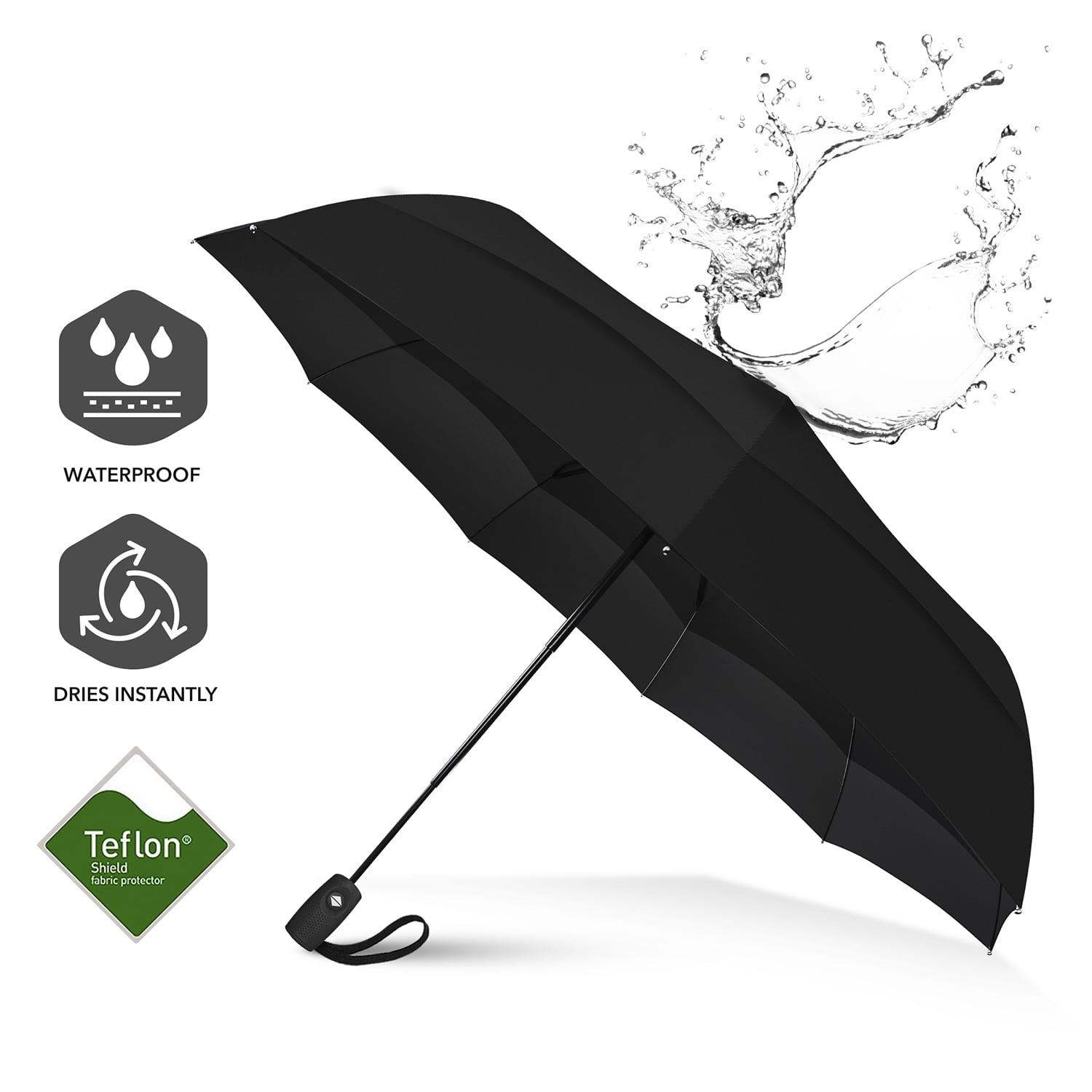 black Brainstorming Windproof Travel Umbrella Ergonomic Handle Teflon Coating Compact Portable Outdoor Umbrellas with 8 Fiberglass Ribs Auto Open & Close 