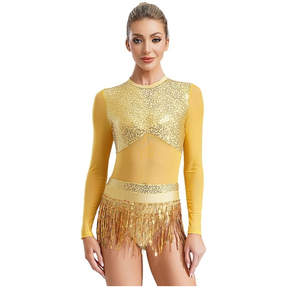 inhzoy Costume de Danse Latine à Franges pour Femmes Dos Ouvert avec Franges Brillantes Justaucorps de Danse Jazz Tenue de Danse de Salon Or 14