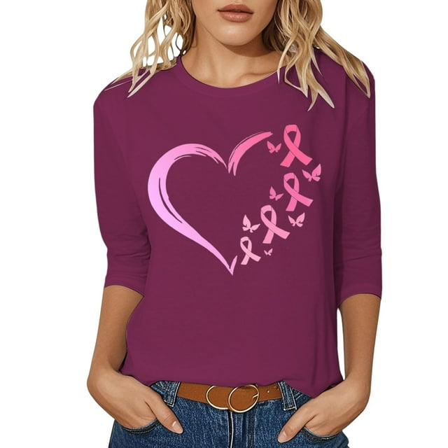 T-shirt Graphique de Sensibilisation au Cancer pour Femmes Col Rond Manches Trois Quarts Décontracté Confortable à Porter Quotidiennement Haut de Festivals