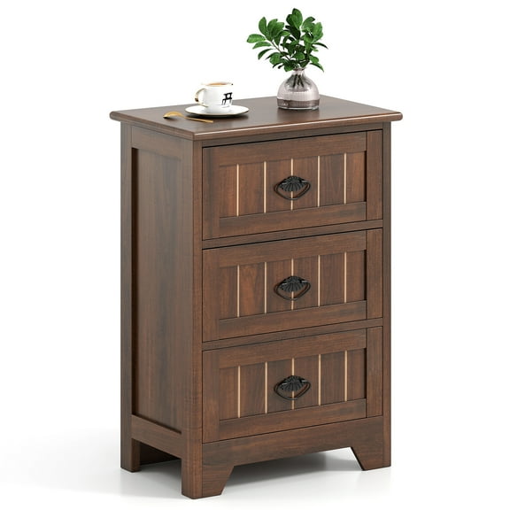 Gymax 3 Drawers End Table Nightstand Bedroom Storage Wood Slide Brown
