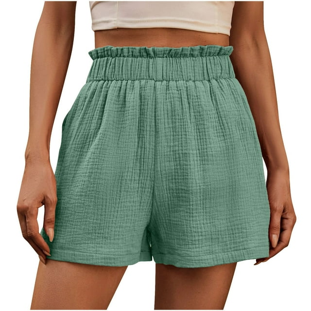 Besolor Womens Summer Shorts 2025 Ruffle Elastic High Waist Solid Color Casual Beach Lounge Shorts with Pockets