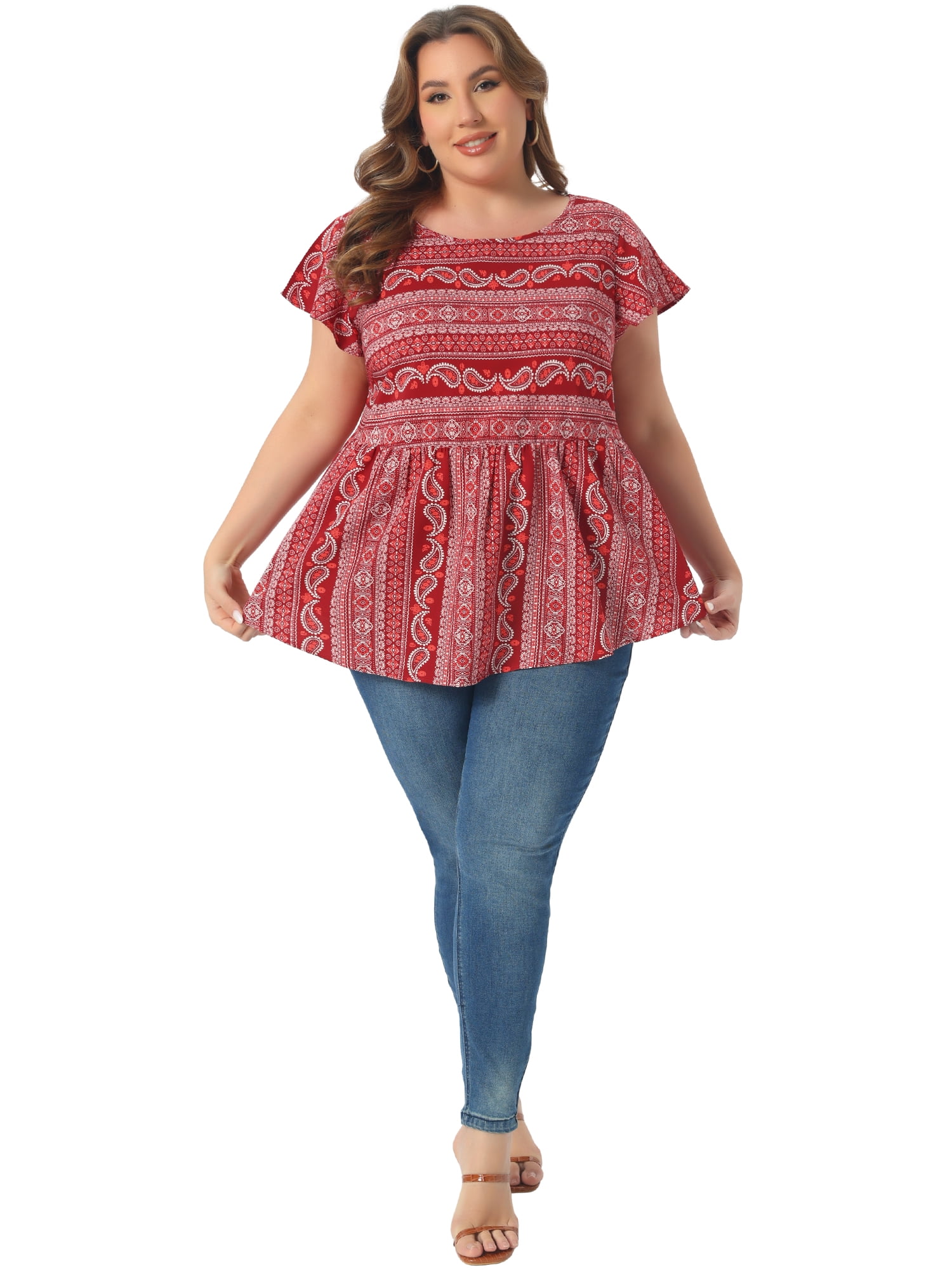DARING DIVA Women's Plus Top Boho Floral Round Neck Ruffle Sleeve Blouses 2X Burgundy