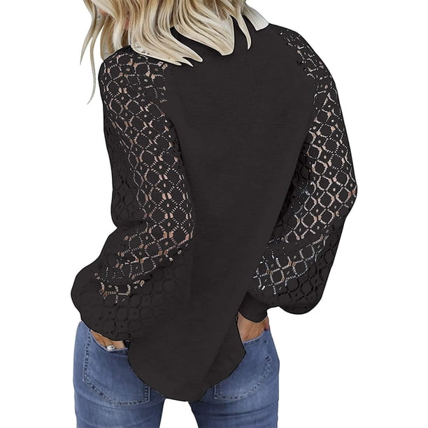 Sonducket Blusa de manga larga de encaje para mujer Camiseta de color sólido con cuello de encaje Prendas para la parte del cuerpo Negro M