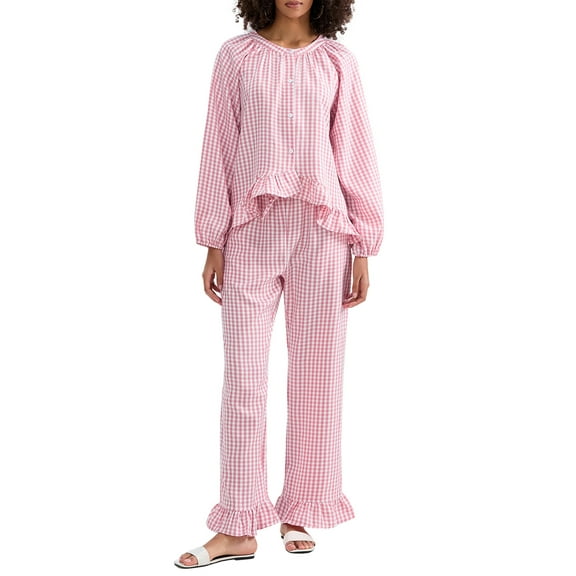 Michellecmm Women Plaid Pajamas Set, Long Sleeve Ruffled Tops with Pants