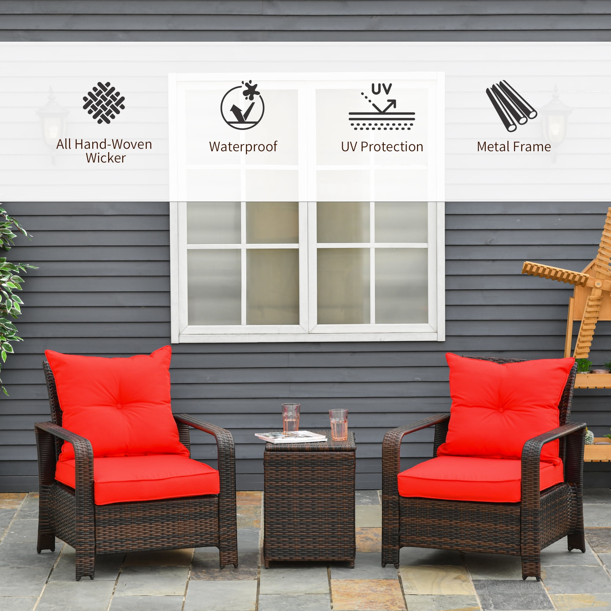 Outsunny 3 Piece Patio Furniture Set, PE Rattan Wicker Storage Table and Chairs w/ Tufted Cushions, Red