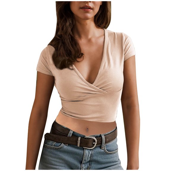 Ruimatai Women's Fitted V Neck Short Sleeve Crop Top Summer Casual Wrap Tops for Daily & Workout Wear