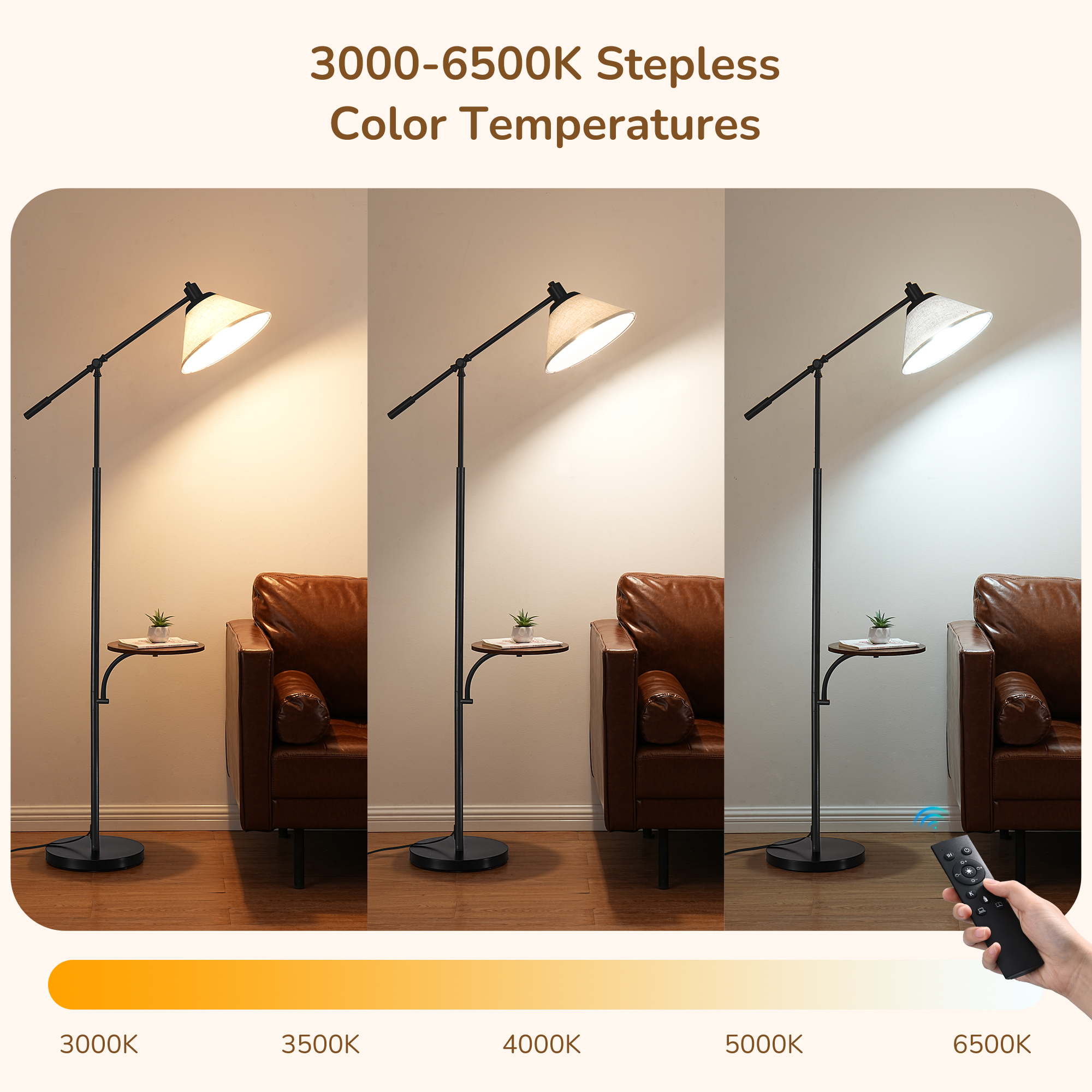 EDISHINE 68in Floor Lamp with Table for Living Room, Height Adjustable, 5CCT, Dimmable, Remote Contronl, Black, LED Light Bulb Included