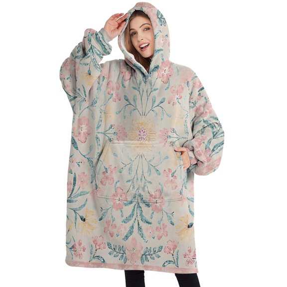 Oversized Wearable Blanket Hoodie,Pink Floral Pattern Sherpa Blanket Hoodie with Super Pockets,Super Warm Fuzzy Pullover for Women & Men