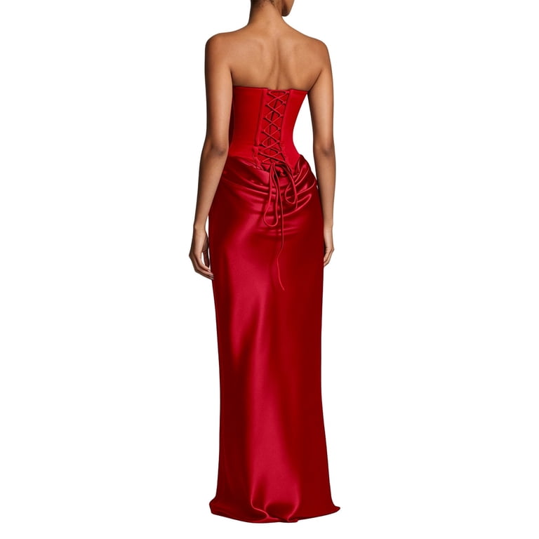 neck scarf formal dress Swanpen Women's Satin Halter Tie Strapless Bodycon Maxi Dress Ruched Skirt Evening Gown for Banquet Graduation, Size: XL, Red <LINESHEET Input - COMPOSITION-XX>