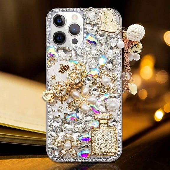 Compatible with iPhone 12 Pro Max Case Luxury Elegant 3D Bling Sparkly Crystal Diamond Perfume Bottle Pumpkin Car Iron Tower Pendant Handmade Pearl Flowers Soft Protective Case 6.7 inch Pink