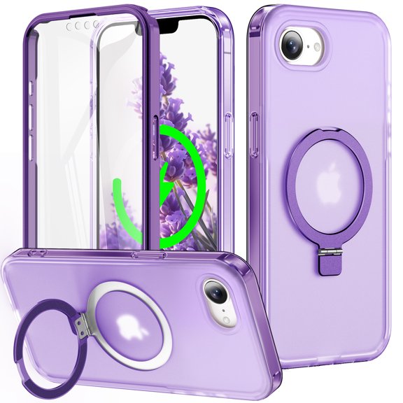 TECH CIRCLE Magnetic Case for iPhone 17e / iPhone 16e with Built-in Screen Protector, 360° Full Body Protective Case Compatible with Mag Safe Ring Holder Kickstand Matte Cover ,Purple
