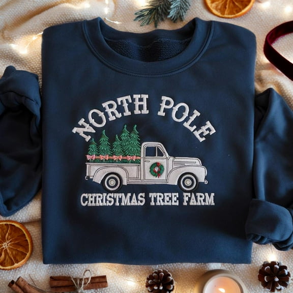 EMBROIDERED North Pole Christmas Tree Farm Sweatshirt, Christmas Tree Shirt, Vintage Christmas, Merry Christmas Tee, Holiday Season Crewneck
