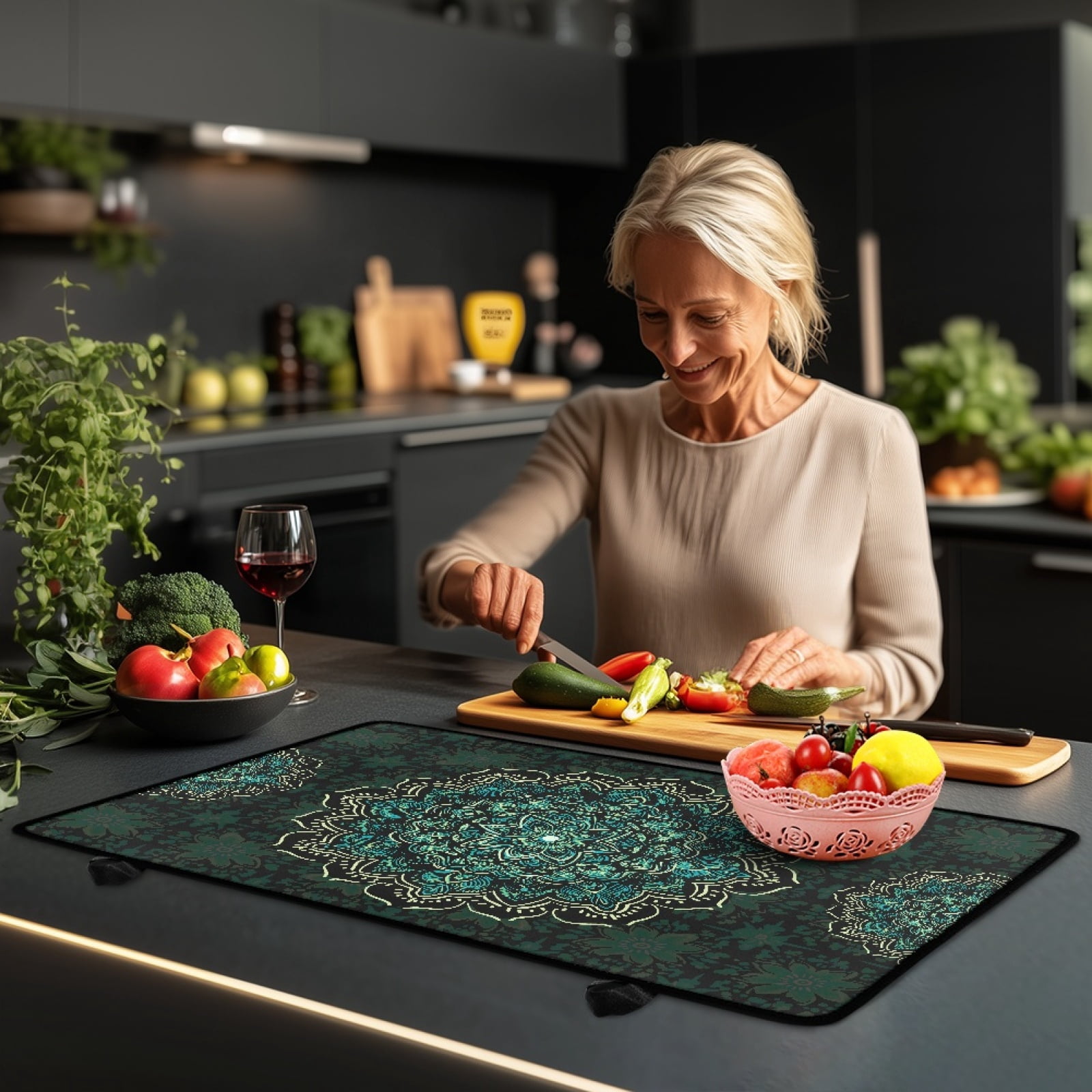 Renewold Electric Stove Cover Glass Stove Top Cover Heat Resistant Anti-slip Stovetop Protector Cover Cooktop Mat Extra Counter Space Extra Large, Boho Flower Green