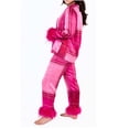 thumbnail image 3 of qolati Women Feather Trim Pajama Set Cute Plaid Long Sleeve Button Up Top Pants 2 Piece Lounge Set Satin Pjs Holiday Sleepwear, 3 of 4