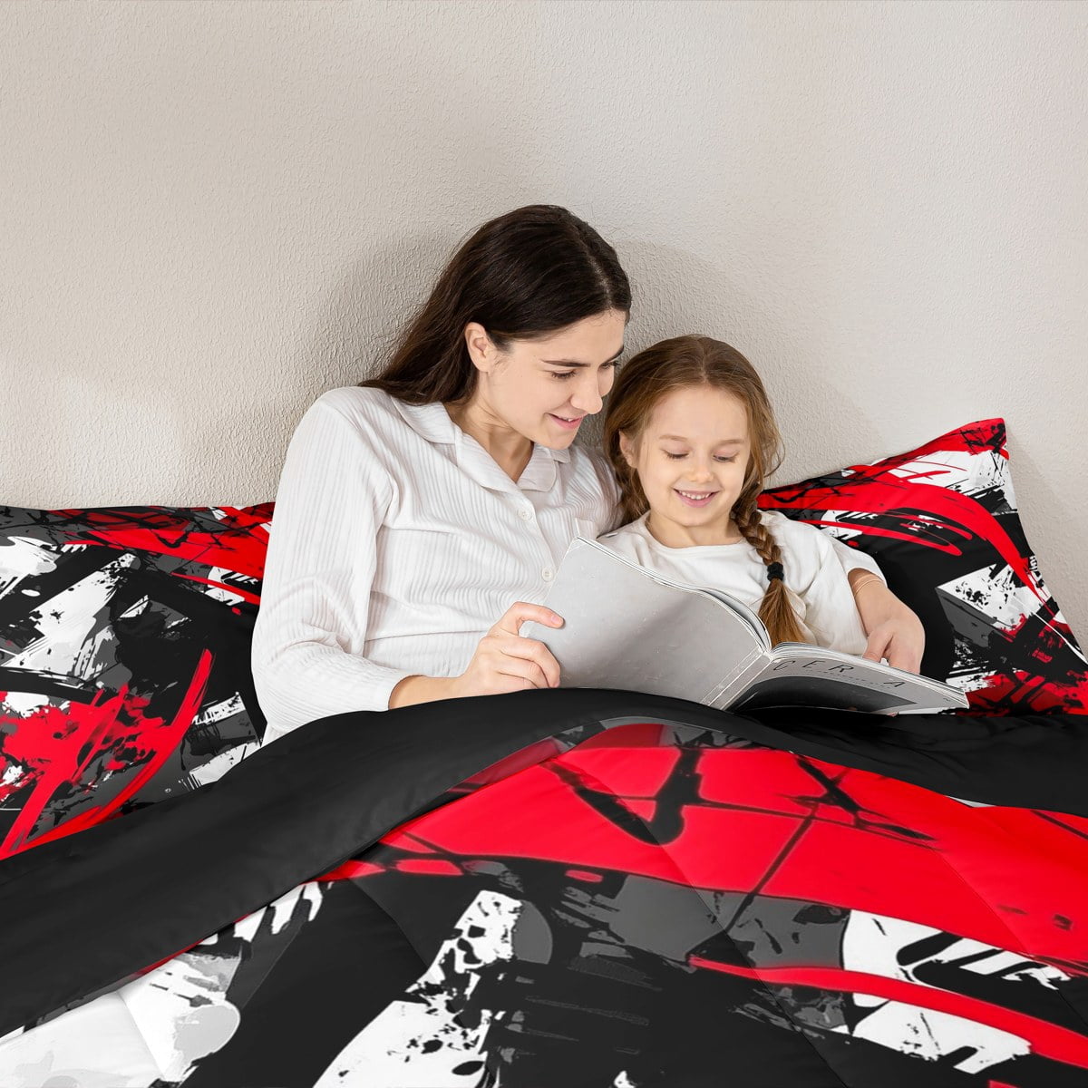 Manfei Black Red Stipes Comforter Sets Queen Size, Abstract Geometric Down Comforter, Teenager Adult Reversible Bedding Queen Comforter Set, Lightweight Room Decoration, 3pcs