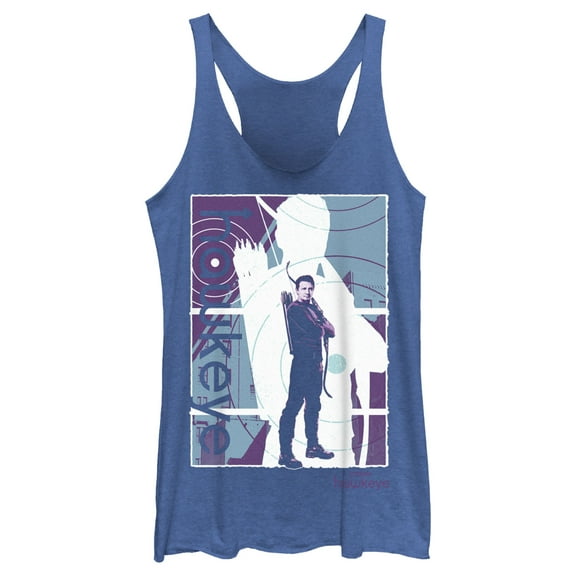 Women's Marvel Hawkeye Purple Poster Racerback Tank Top Royal Blue Heather Medium